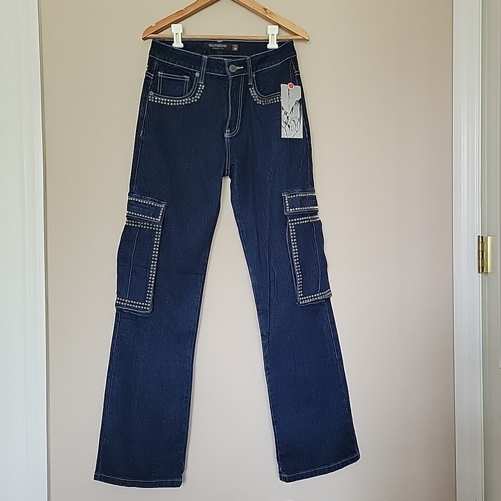 Gunzinii Denim Studded Jeans Sz 28 Straight Cargo Dark Wash NWT Street Hip Hop